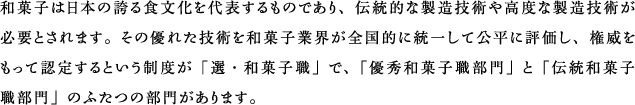 和菓子は日本の誇る食文化を代表するものであり、高度な製造技術が必要とされます。その優れた技術を和菓子業界が全国的に統一して公平に評価し、権威をもって認定するという制度が「選・和菓子職」です。